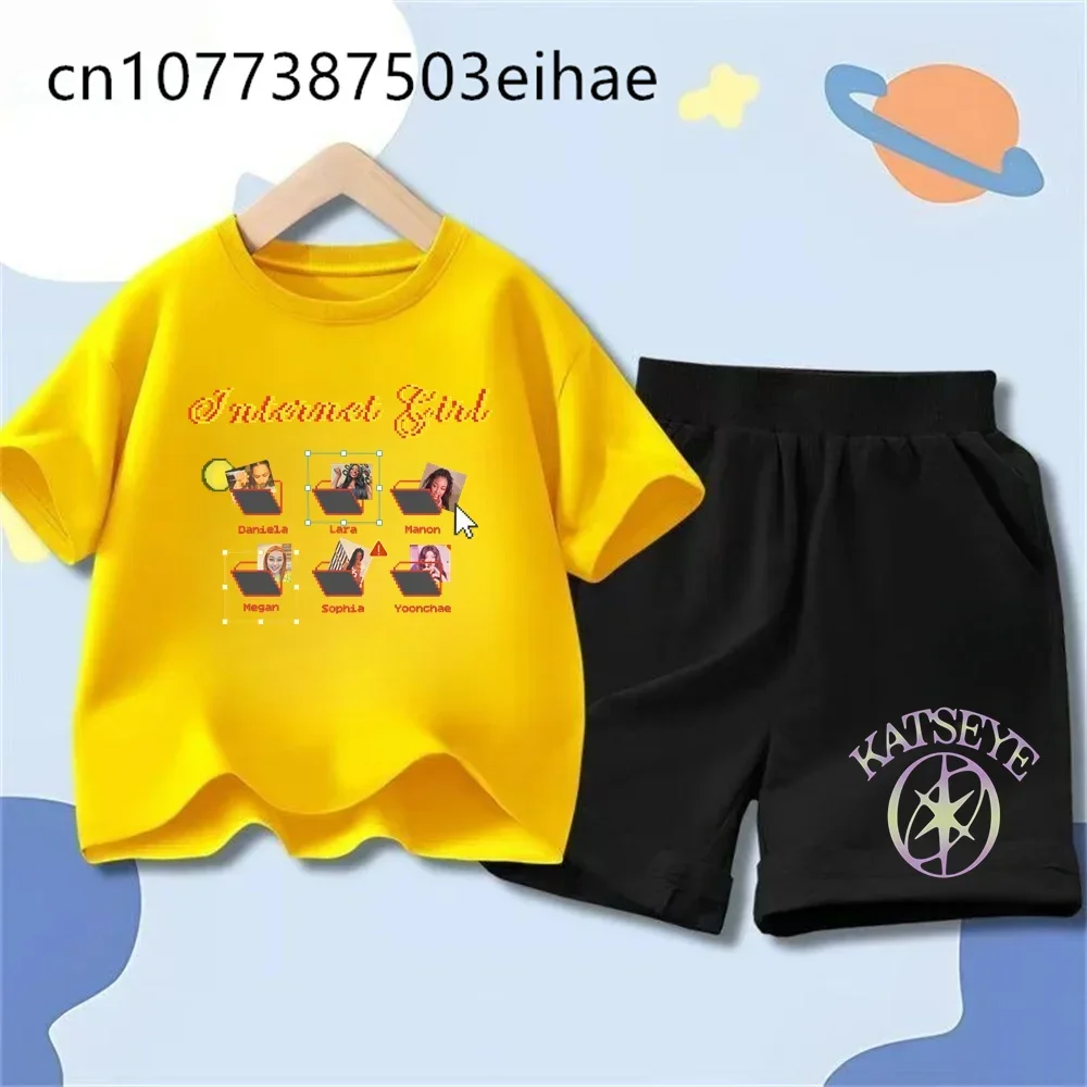 Katseye Girl Group Print Kids T-shirts Summer Round Neck Short Sleeve Children's Clothing Fashion Casual Shorts Set