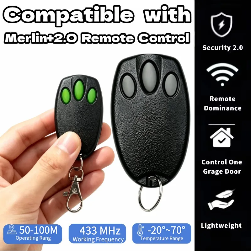 Compatible with Merlin+ 2.0 Security 2.0 Garage Door Remote Transmitter For E940M E943M E945M E950M E960M 433.92MHz Rolling Code