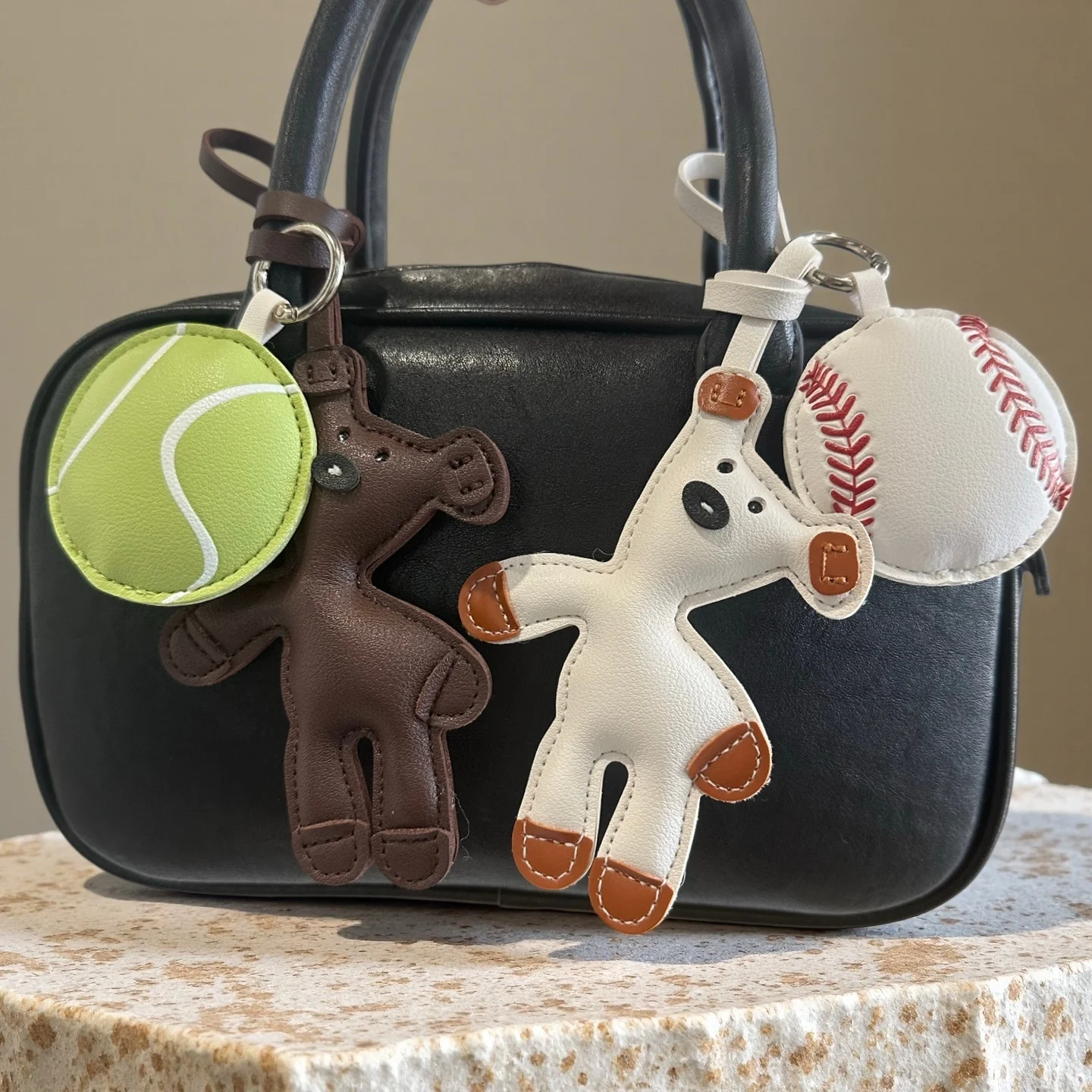 Relaxed Bear & Sports Ball PU Leather Keychain Bag Charm Set, Bear Pendant with Tennis, Baseball, Rugby, Trendy Casual Gift 