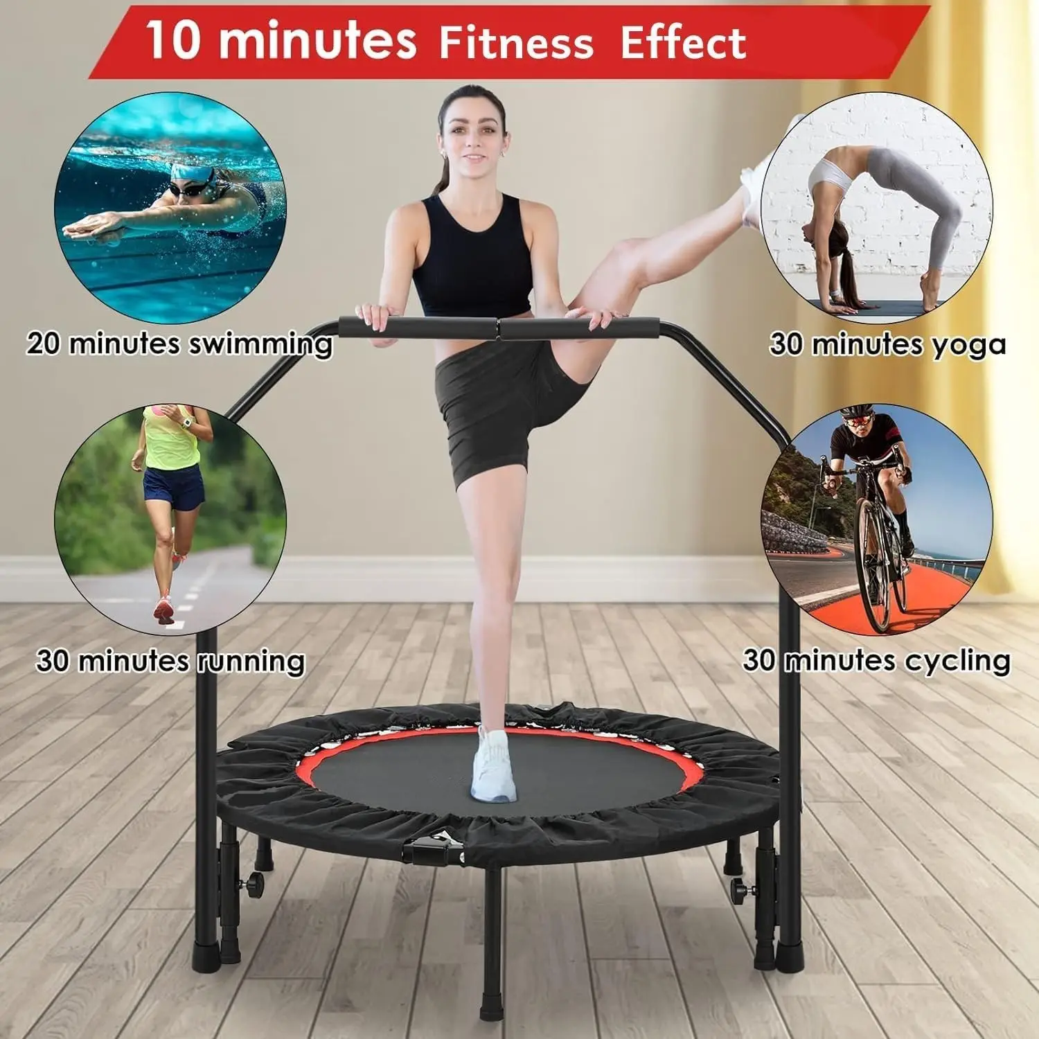 Folding Mini Trampoline,Exercise Trampoline with Adjustable Handle, Rebounder Trampoline for Adults Fitness, Indoor Trampoline