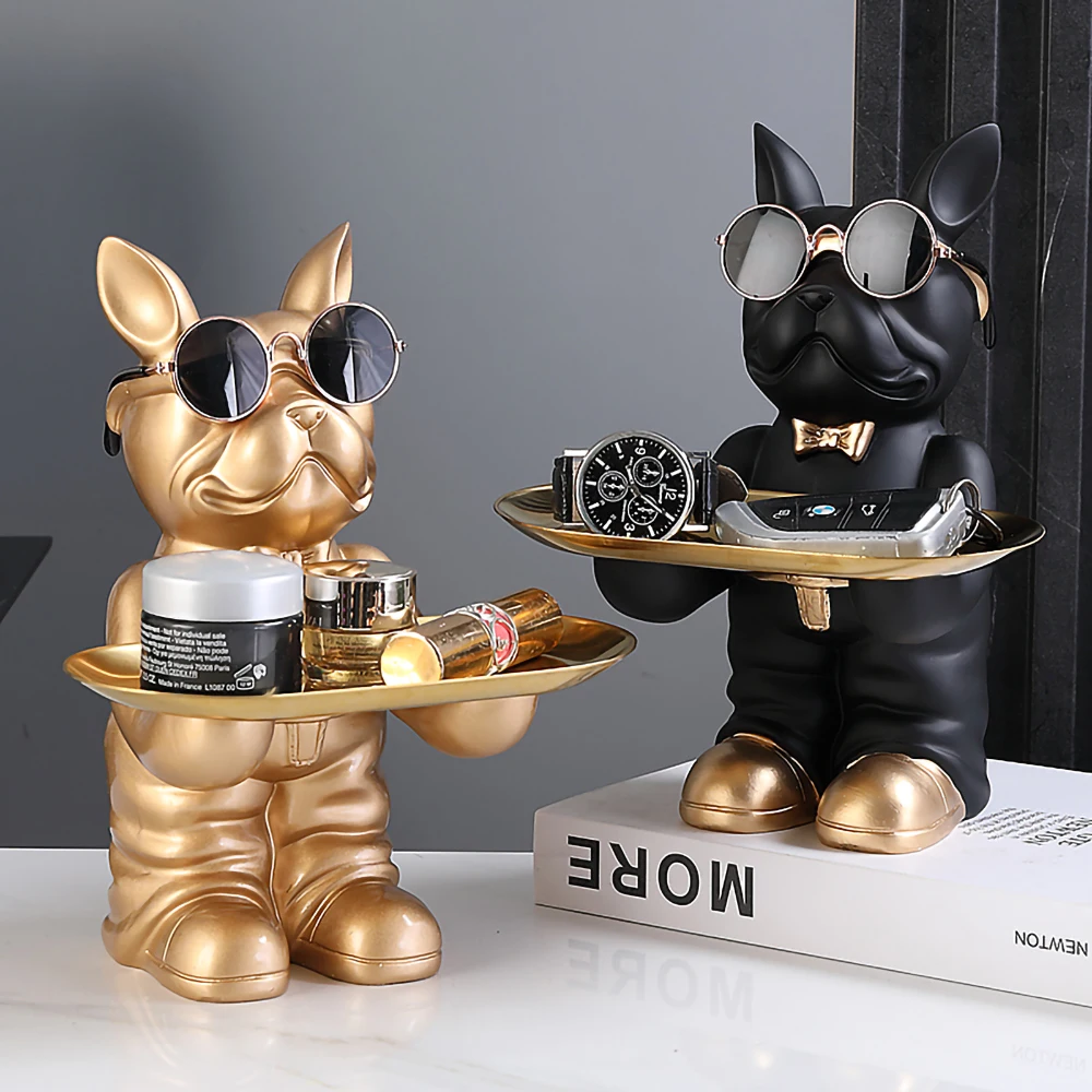 Resin Dog Statue Room Decor Piggy Bank Decorative Storage Tray French Bulldog Sculpture Animal Figurine For  Desk Decoration