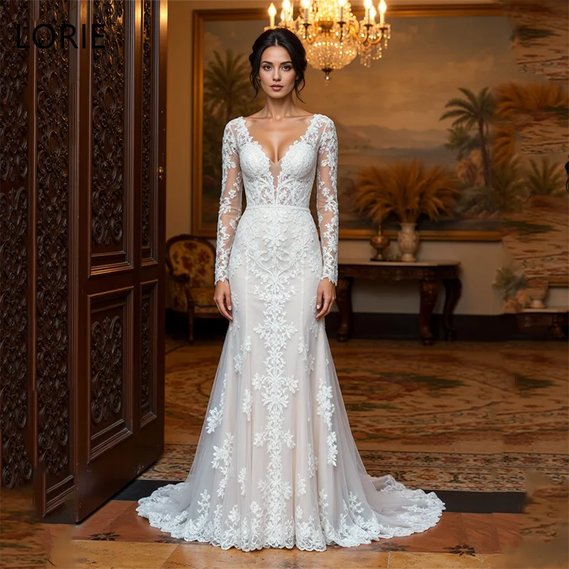 

LORIE Mermaid Lace V-Neck Wedding Dresses Full Sleeves Backless Bride Prom Gown Floor-Length Long Train Bridal Gown Customized