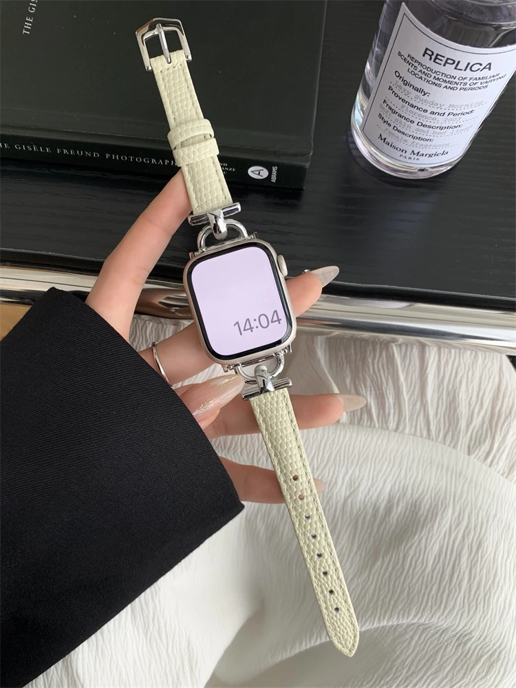 Lizard Leather Slim Watchband For Apple Watch Band 41MM 45 40mm 44 42 38mm For iwatch 7 SE 6 5 4 3 Woman Thin Correa Wrist Strap