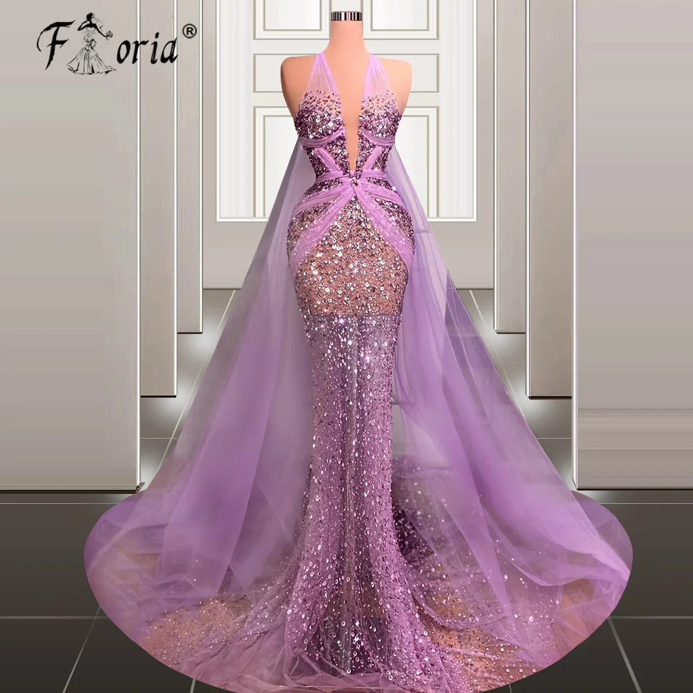 Sparkly Mouwloze Mermaid Formele Gelegenheid Jurken Met Cape Lovertjes Tulle Illsuion Avondjurk Plus Size Robe De Soiree Party