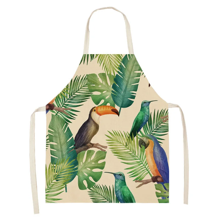 Color Bird Pattern Cleaning  Art  Green Aprons Home Cooking Kitchen Apron Cook Wear Cotton Linen Adult Bibs garden apron 68x55cm