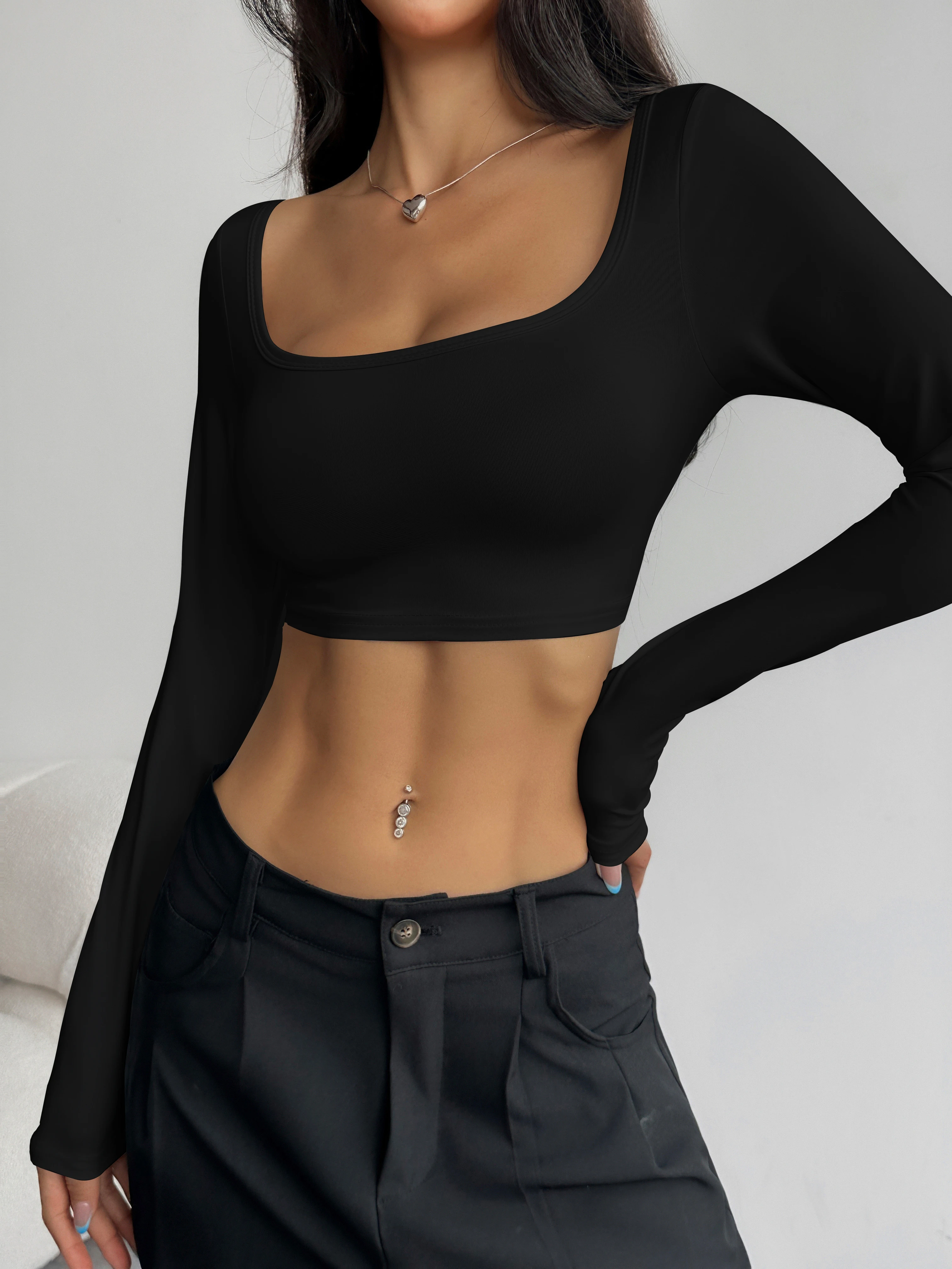 Damen-Crop-Top mit eckigem Ausschnitt und langen Ärmeln, figurbetontes Oberteil, das die Schlüsselbeine betont, heiß begehrter kurzer Bodysuit für vielseitiges Layering – Detail 6