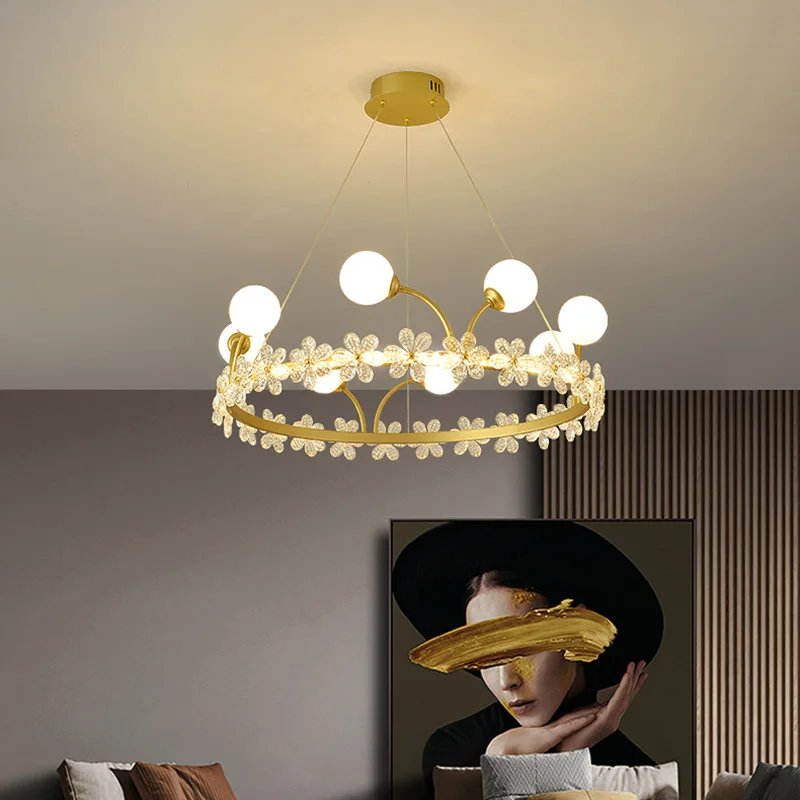 bedroom and children's room lighting fixtures, new crown crystal chandelier, Nordic minimalist living room light luxury LED mesh