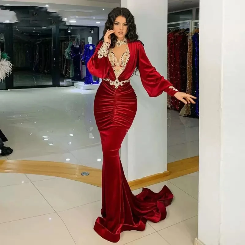 

Burgundy Evening Dresses Mermaid Long Sleeves Appliques Beaded Long Turkey Dubai Saudi Arabic Evening Gown Prom Dresses