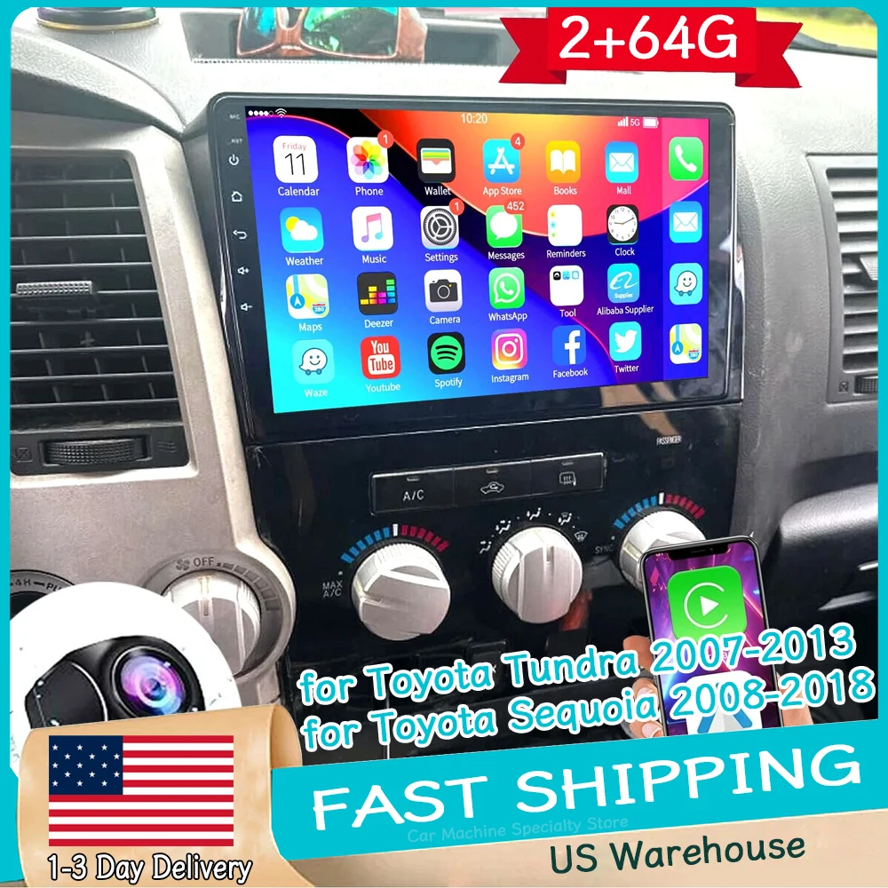 

10,1-дюймовая автомагнитола Android 15 для Toyota Tundra 2007-2013, Sequoia 2008-2018, GPS-навигация с Carplay и Android Auto, автомобильный плеер 2+64 ГБ