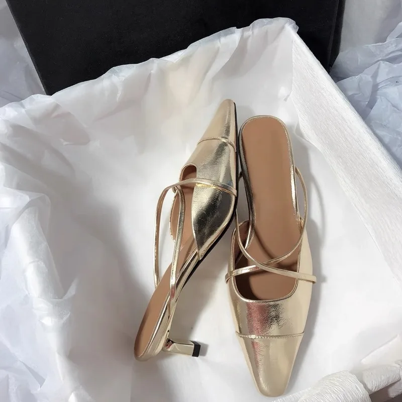 جديد إمرأة Slingback أحذية أنيقة ميد كعب ساحة تو السيدات عالية الكعب النعال موضة الانزلاق على صندل البغال Zapatos De Mujer #3