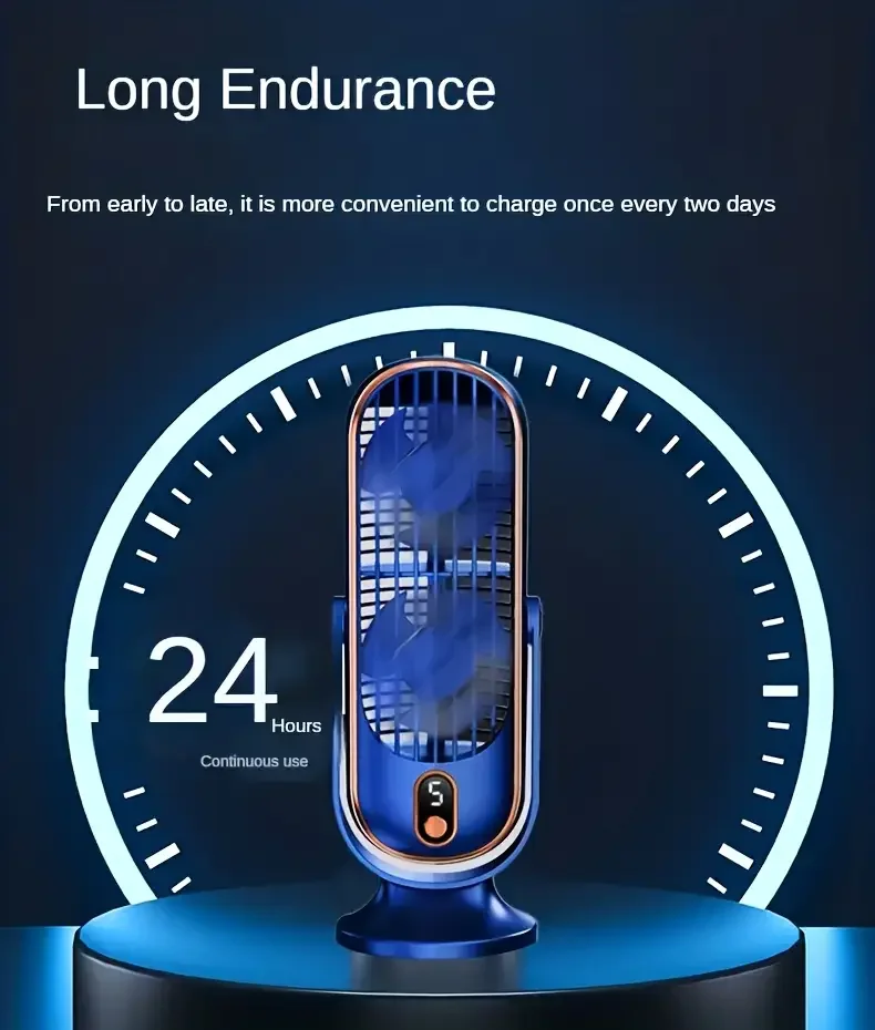 مروحة USB محمولة مع بطارية كبيرة ومحرك مزدوج ومبرد هواء 5 سرعات، 720 °   تبريد قابل للتعديل للمكتب والسفر والتخييم والخارج