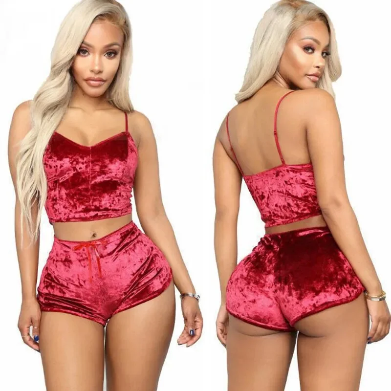 

Sexy Velvet Pajamas V-Neck Lingerie Two Sets Women Suspenders Short Pants Loungewear