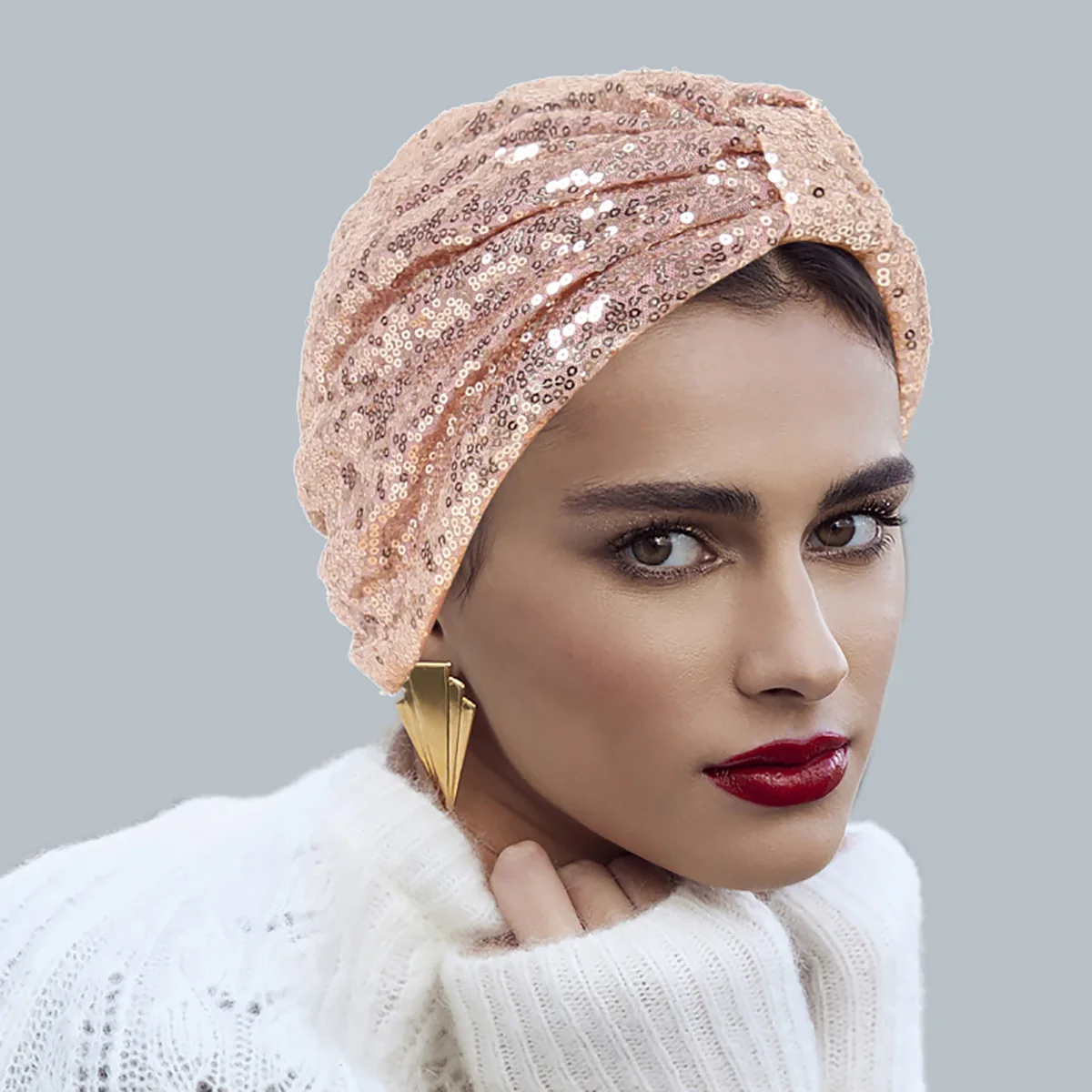 Elegant Women Sequins Knotted Turban Hat Shiny Muslim Headwear Bonnet Female Ready To Wear Head Wrap Cap Hair Accessories