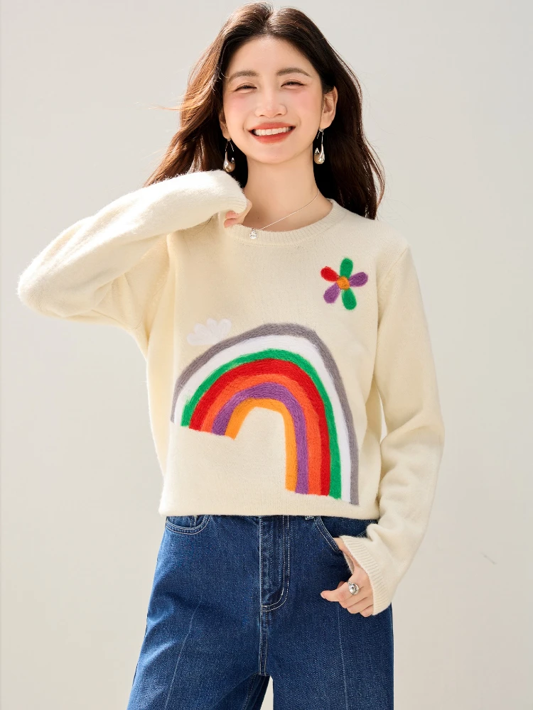 

2025 милый игривый радужный свитер с круглым вырезом, новые осенне-зимние свободные пуловеры с длинными рукавами, универсальные топы с цветочным принтом