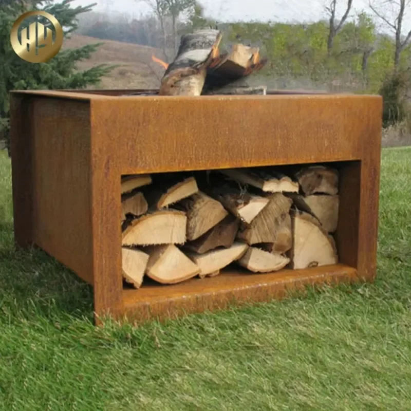 Wholesale Simple Design Corten Steel Rusty Metal Wood Storage Box for Fire Pits