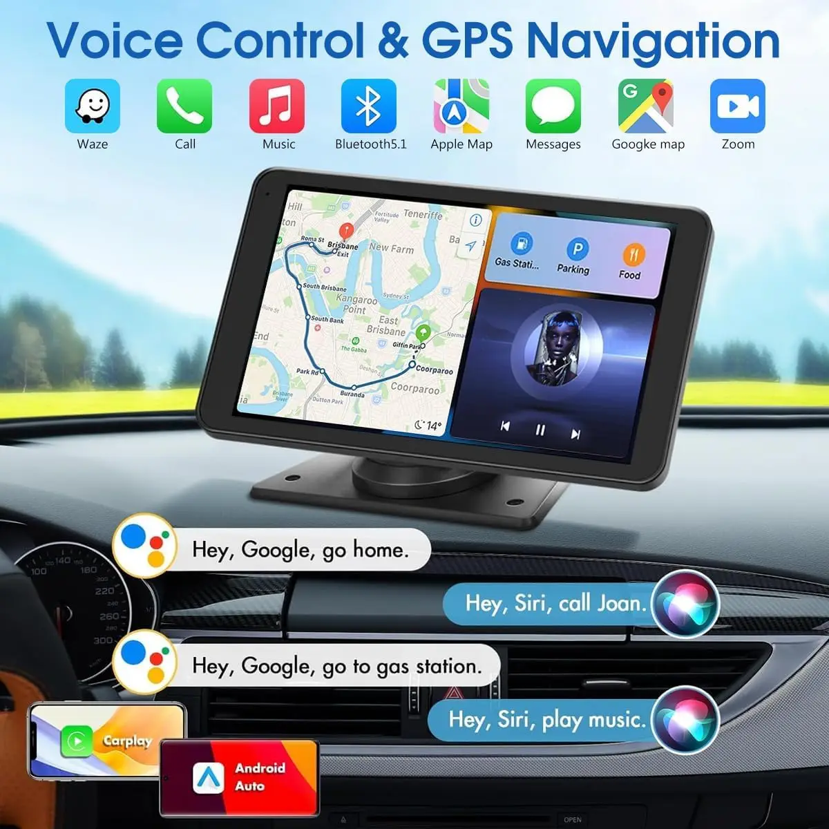 شاشة CarPlay المحسنة لعام 2025 مقاس 7 بوصات عالية الدقة محمولة مع Android Auto، Bluetooth، كاميرا احتياطية، GPS، Siri، راديو FM، AUX، MirrorLink –