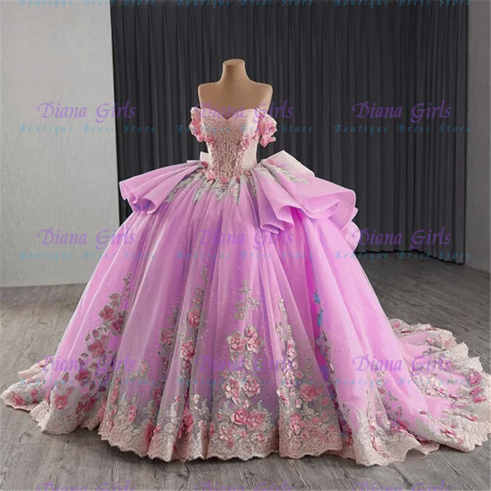 Elegant Quality Flower Girl Dress Pink Tulle Fluffy Exquisite Pink 3D Flowers Applique Wedding Birthday Party Evening Ball Gowns