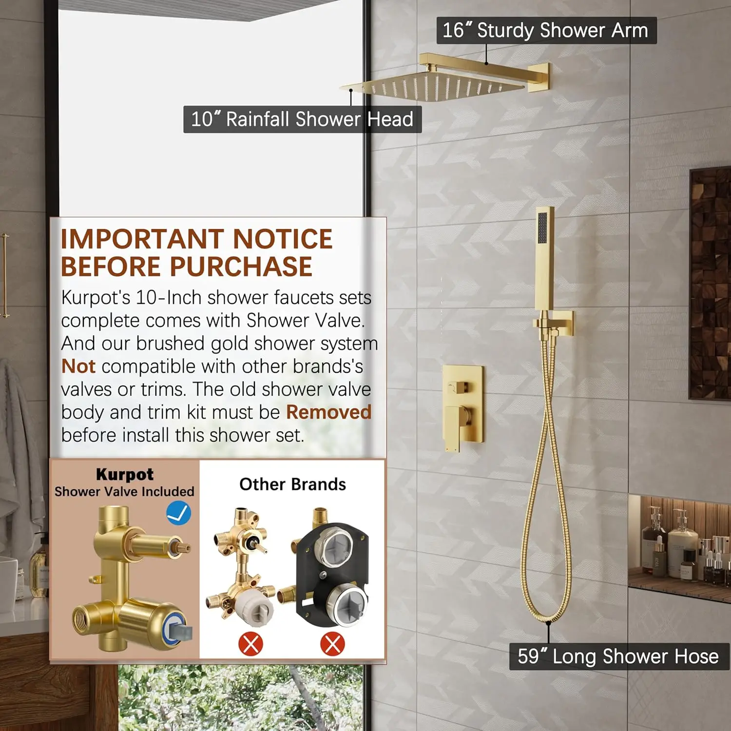 10'' Square Rainfall Shower Head with Handheld Combo, Brushed Gold Faucet Set, Wall Mounted