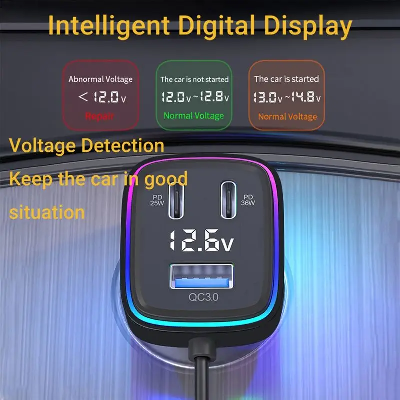 AB98-Voltage Display 6-Port Car Adapter Multiport Phone PD+ QC3.0 USB+ Type C view 6