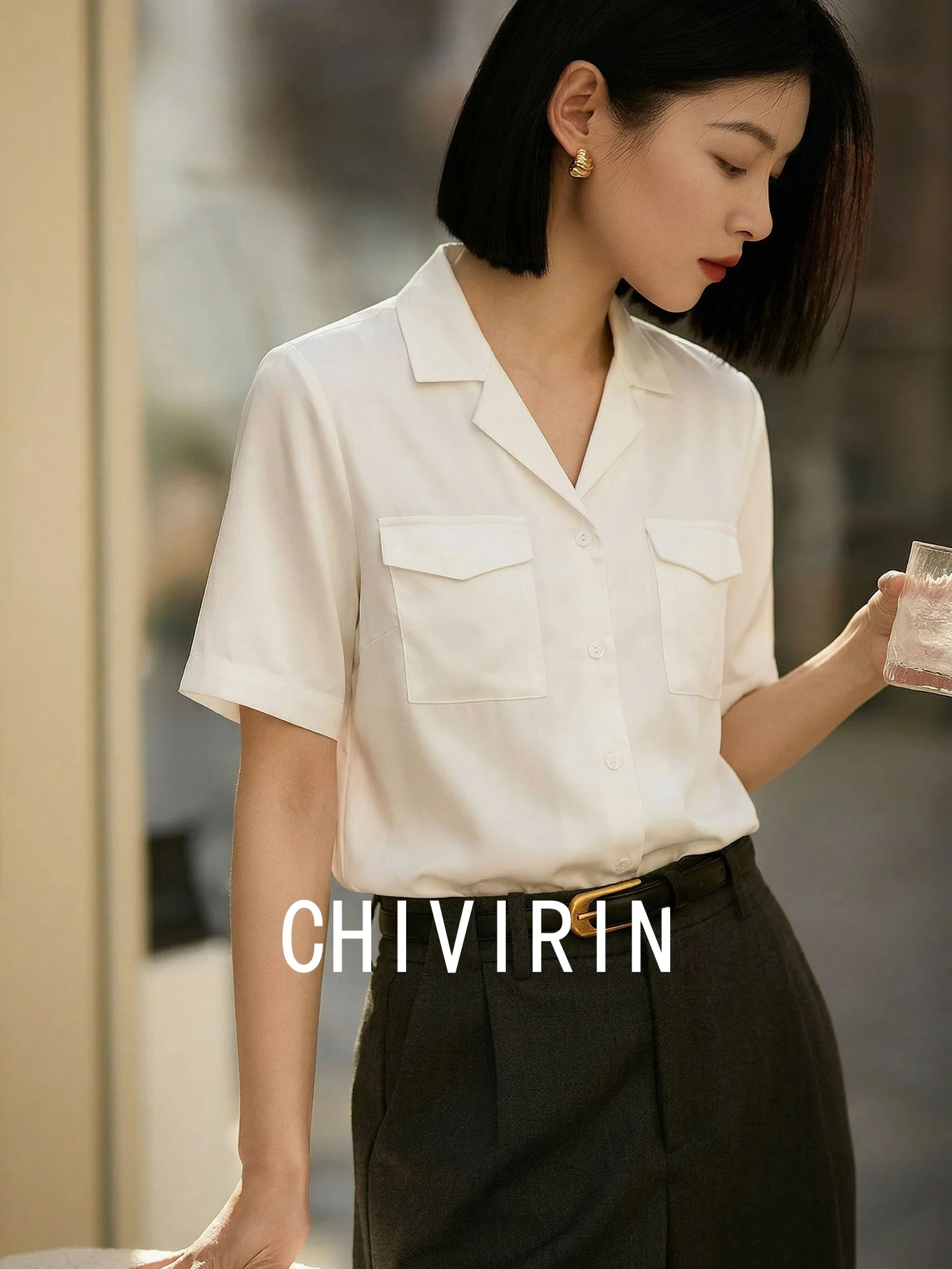 

Женская повседневная рубашка свободного кроя с коротким рукавом, двойными карманами и отложным воротником, летняя, удобная, из смесового вискозного полотна, для работы