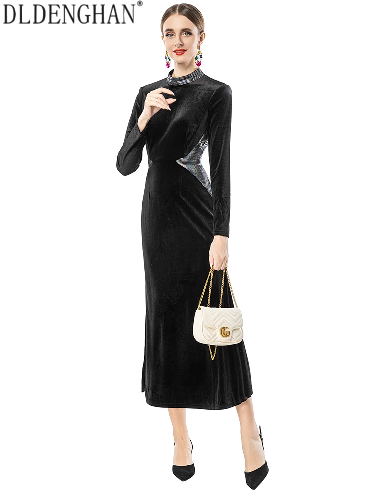 DLDENGHAN Elegant Black Velvet Dress with Diamonds Stand Collar Long Sleeve Mermaid Style Women Fashionable Party Wear Autumn