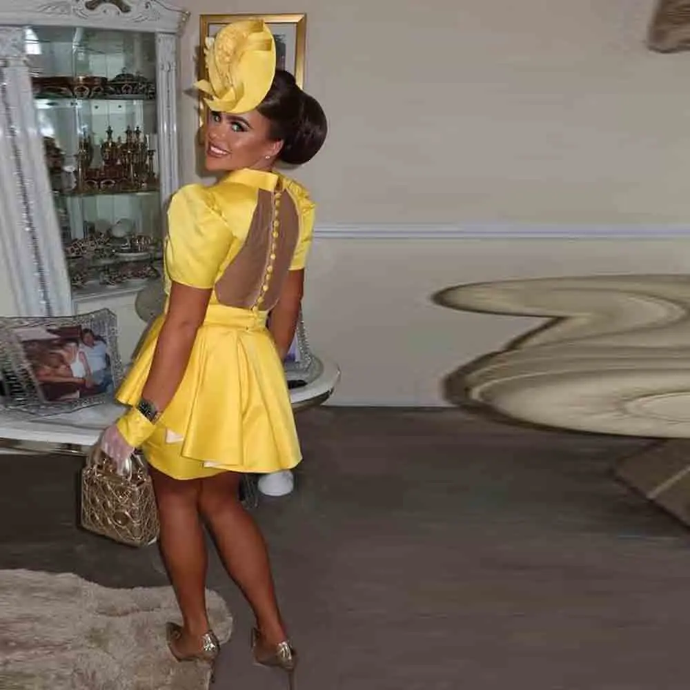 Customized Yellow Satin Two Piece Outfit Puff Sleeve Blazer Top Pleated Mini Skirt Cocktail Gown Cuffs Sheer Mesh Back Suit Set view 2