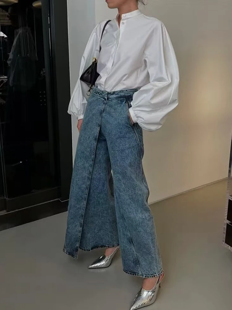 

The 2025 new style of wide-leg pants with a staggered waistline design and retro washed distressed slimming denim trousers