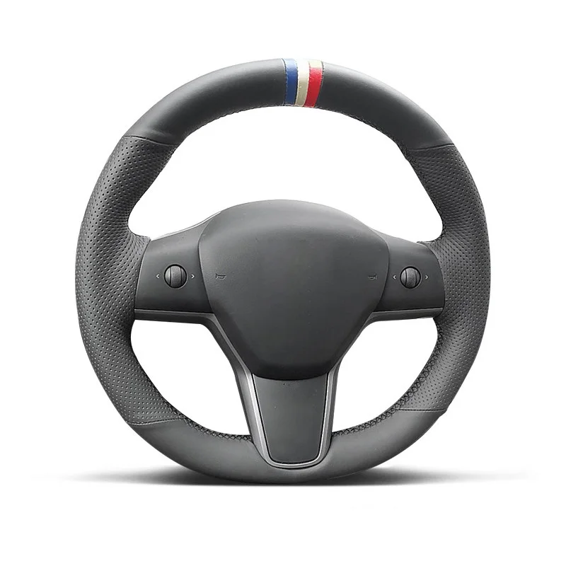 High Quality Genuine Leather Suede Steering Wheel Cover Wrap Black Thread Car Accessoires Specifically for TESLA MODEL 3 MODEL Y