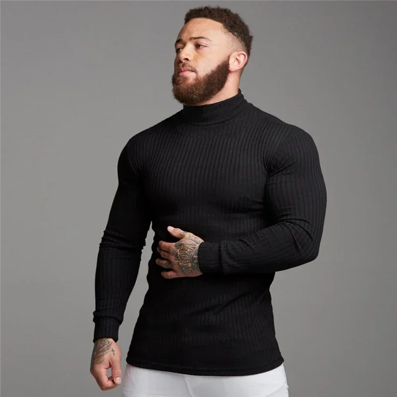 Effen herfst casual sneldrogende gebreide shirts heren sport lange mouwen coltrui T-shirts gym bodybuilding spier fitness trui