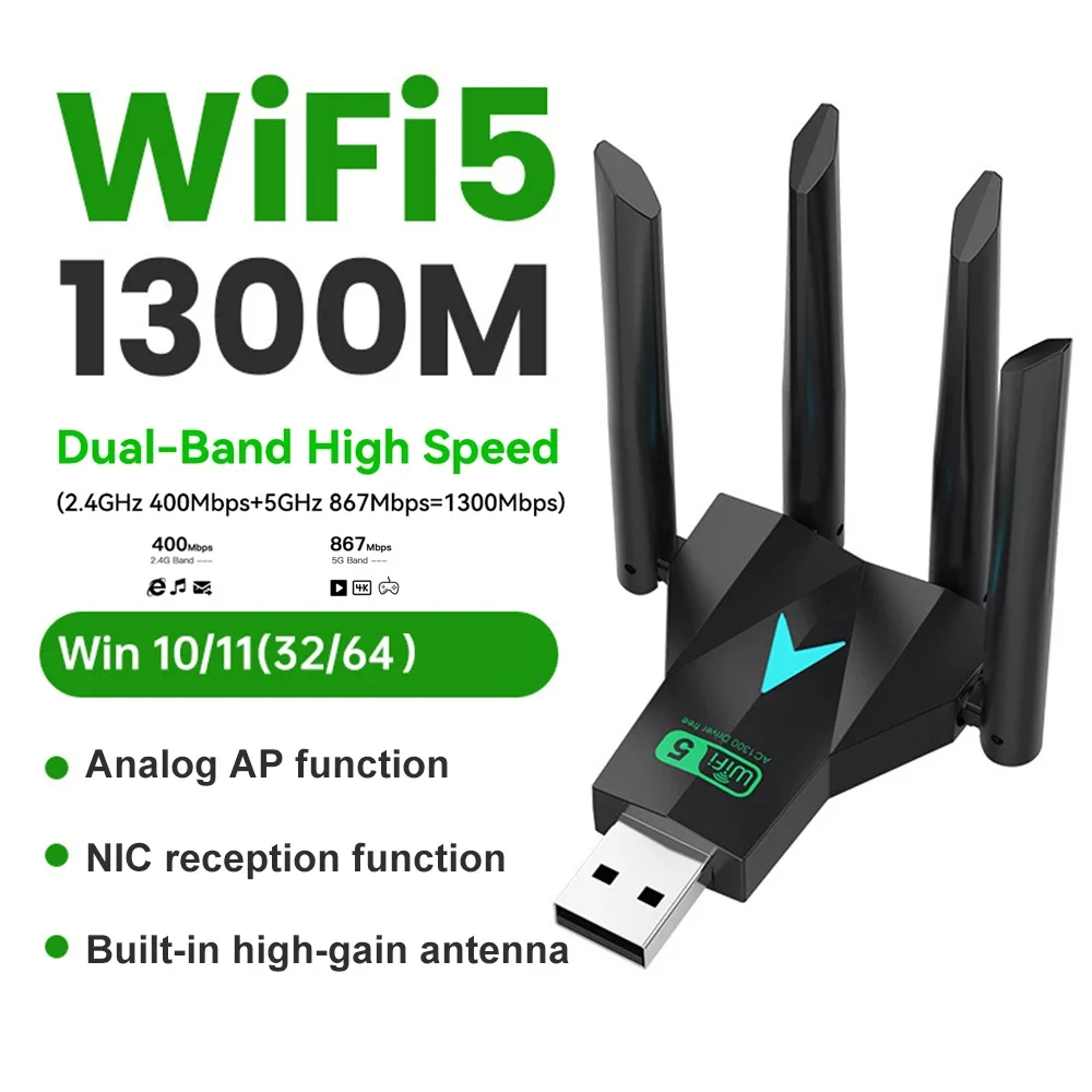 بطاقة شبكة USB 3.0 بسرعة 1300 ميجابت في الثانية ثنائي النطاق 2.4 جيجا/5.8 جيجا هرتز محول USB واي فاي دونغل 4 هوائي استقبال لاسلكي 600 ميجابت في الثانية التوصيل والتشغيل