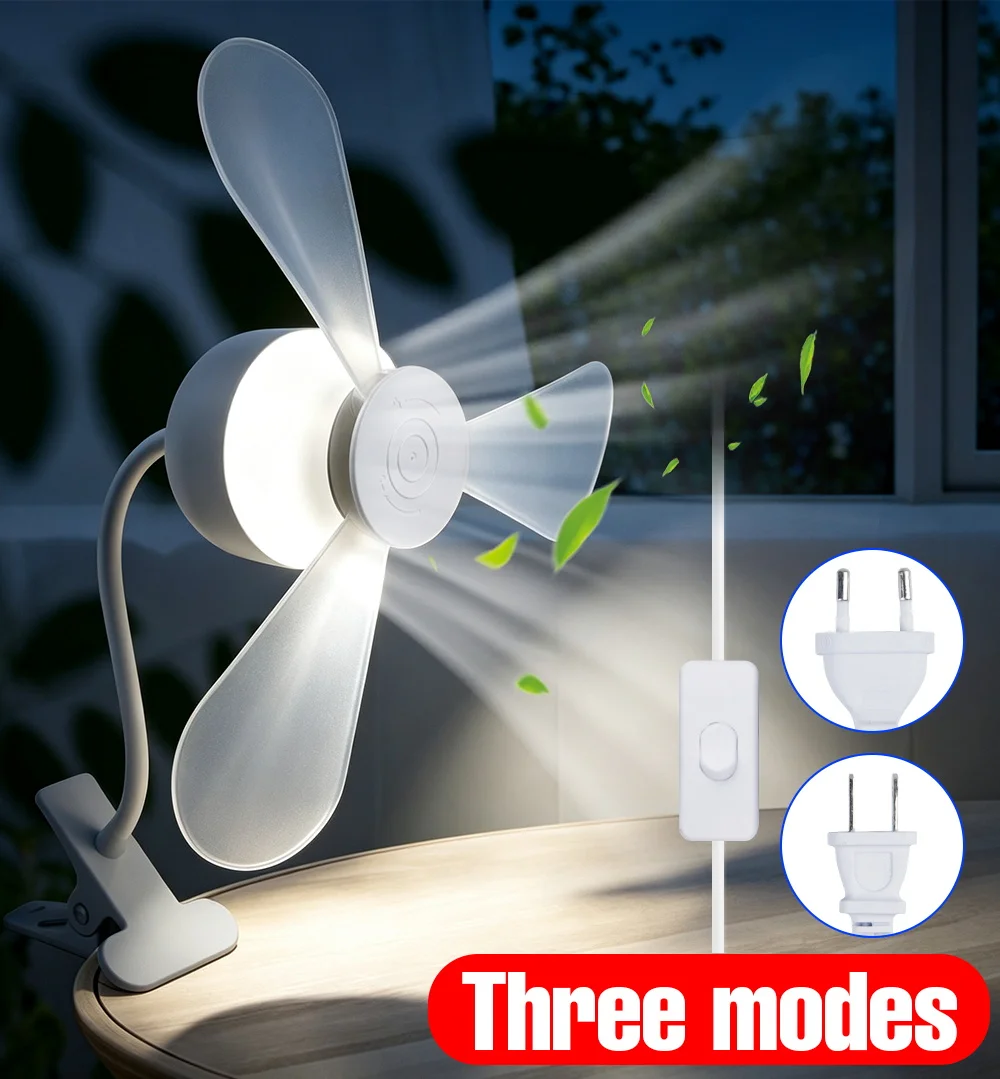 Clip On LED Fan Light 15W 3Mode Flexible Gooseneck Desk Fan Lamp US/EU Plug For Bedroom Dorm Study Room Desktop Cooling Lighting