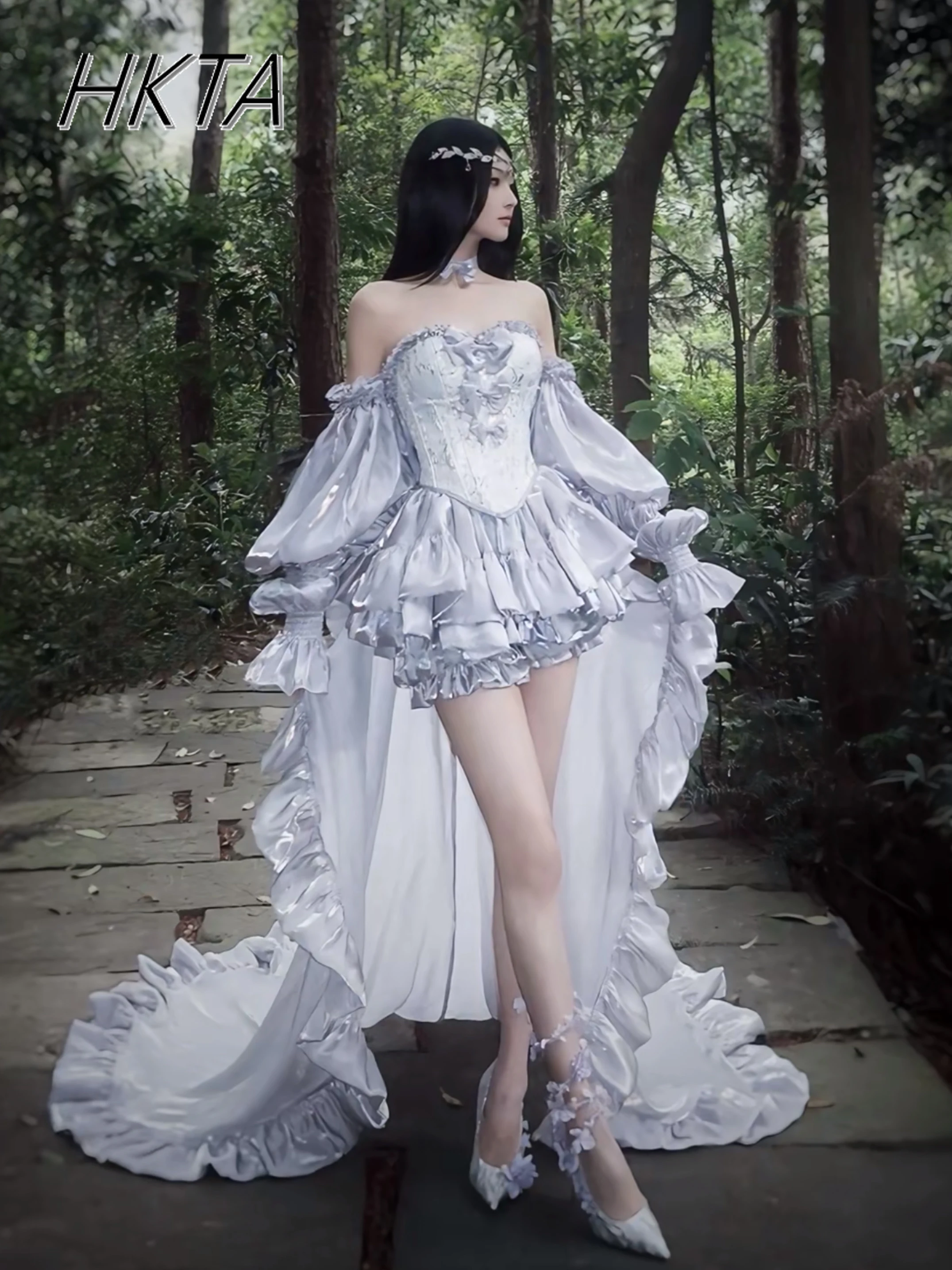 Elegante Prinses Zilveren Lolita Jurk Set Vrouwen Boog Geborduurde Slanke Tube Top Vest Geplooide Trailing Pluizige Mini Rok Outfit