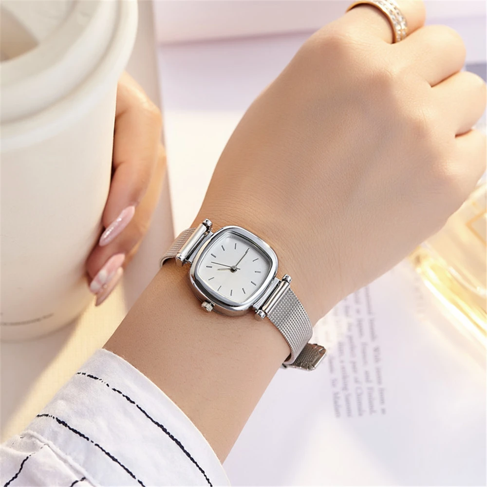 fashion small square dial silver mesh steel quartz women lady watch