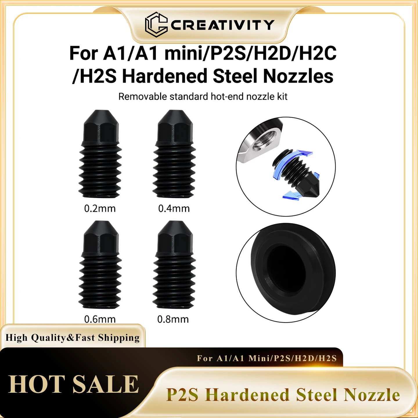 

For A1/A1 Mini/P2S/H2D/H2C/H2S Hardened Steel Nozzle 0.2/0.4/0.6/0.8mm Nozzles for Bamb Removable Hotend Kits 3d Printer Parts