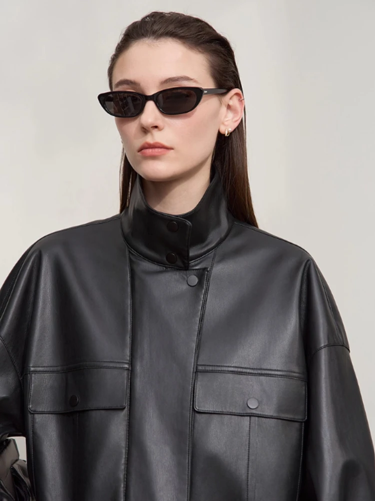 AMII abrigo para mujer 2025 otoño nueva chaqueta de cuero con solapa moderna Retro chaqueta de cuero holgada de manga larga para mujer 12543111