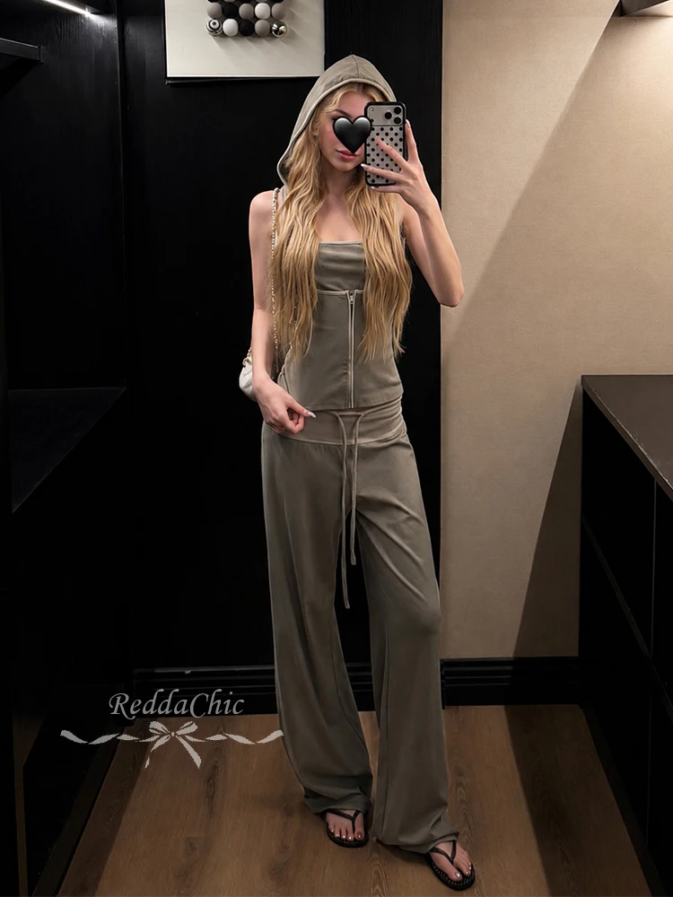 ReddaChic Contrast Patchwork Top Pants Women Matching Set Summer Hooded Tank Top Drawstring Baggy Causal Pants Trendy Streetwear