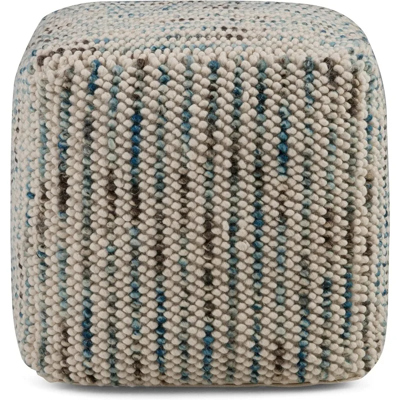 Zoey 18 Inch Boho Cube Woven Pouf in Multi Color Cotton and Wool, For the Living Room, Bedroom and Kids Room