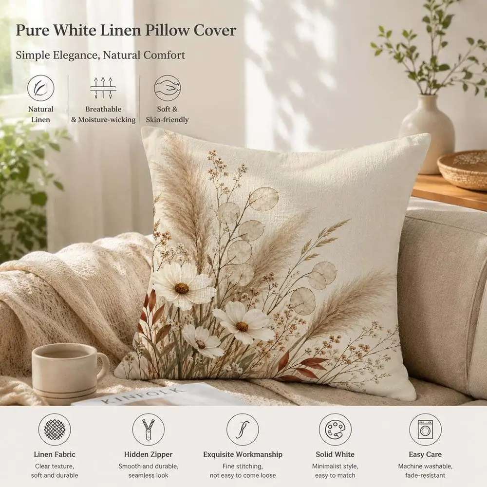 Natural Reeds Daisies Pampas Grass Cushion Cover 1/4PCS Linen Sofa Couch Bedroom Living Room Home Office Decor Pillow Case