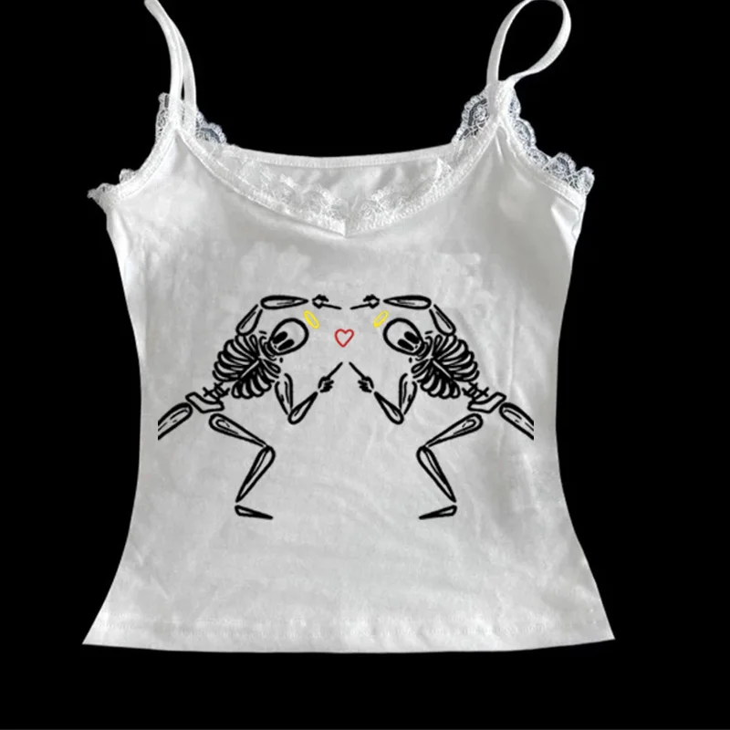 الصيف المرأة أزياء الشارع القوطية بروتيل أعلى رسمت باليد خمر الهيكل العظمي نمط المطبوعة سترة Y2k الملابس #6