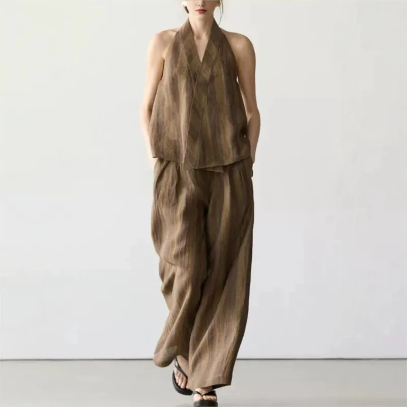 

Women Vertical Stripe Pants Sets Casual Summer Sleeveless Halter Vest Straight-leg Pant Suits 2026 New Lady Commute Outfit