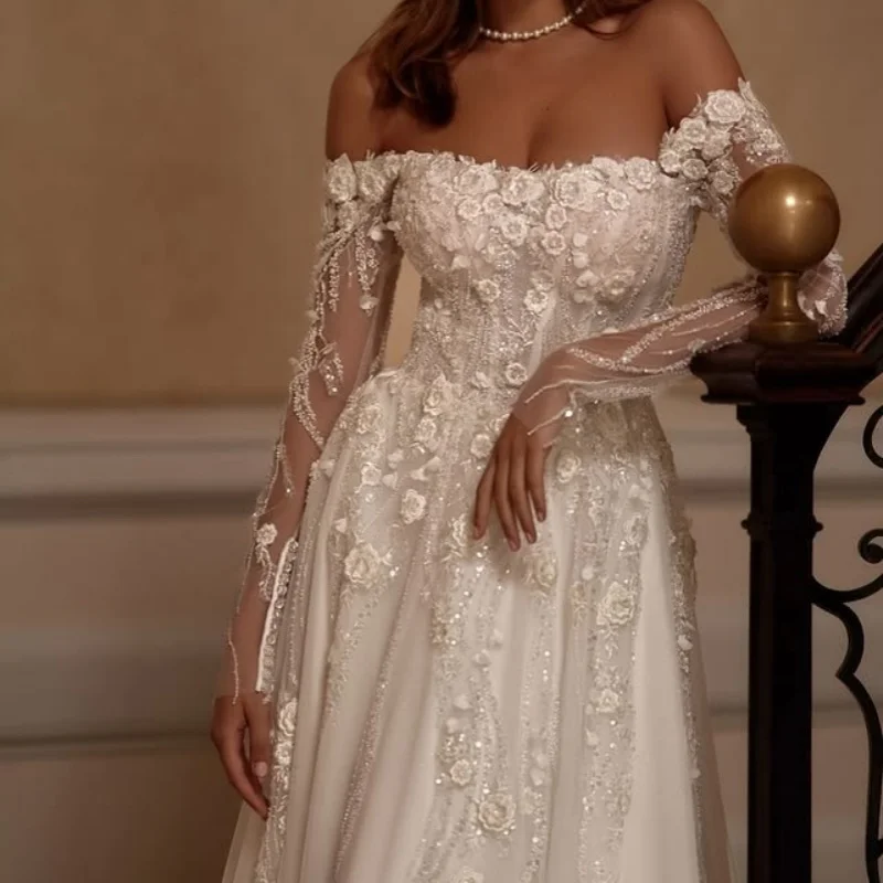 

Shiny White Wedding Dresses off-shoulder A skirt glitter decal 3D flower Gowns Made wedding dress Customized