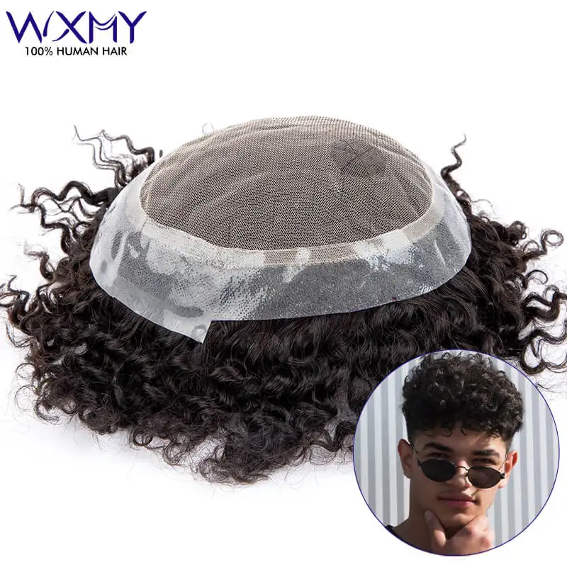 Curly Man Wig Australia 10mm Curly Male Hair Prosthesis French Lace Toupee Men Natural Human Hair Men's Wigs Replacement Systems