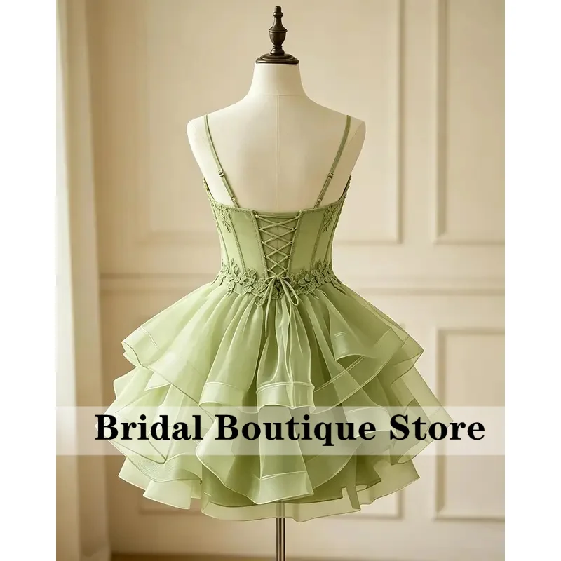 Customized Tiered Tulle Homecoming Dresses Lace Applique Short DAMA Dress | Spaghetti Straps HOCO Dresses for Teens 4