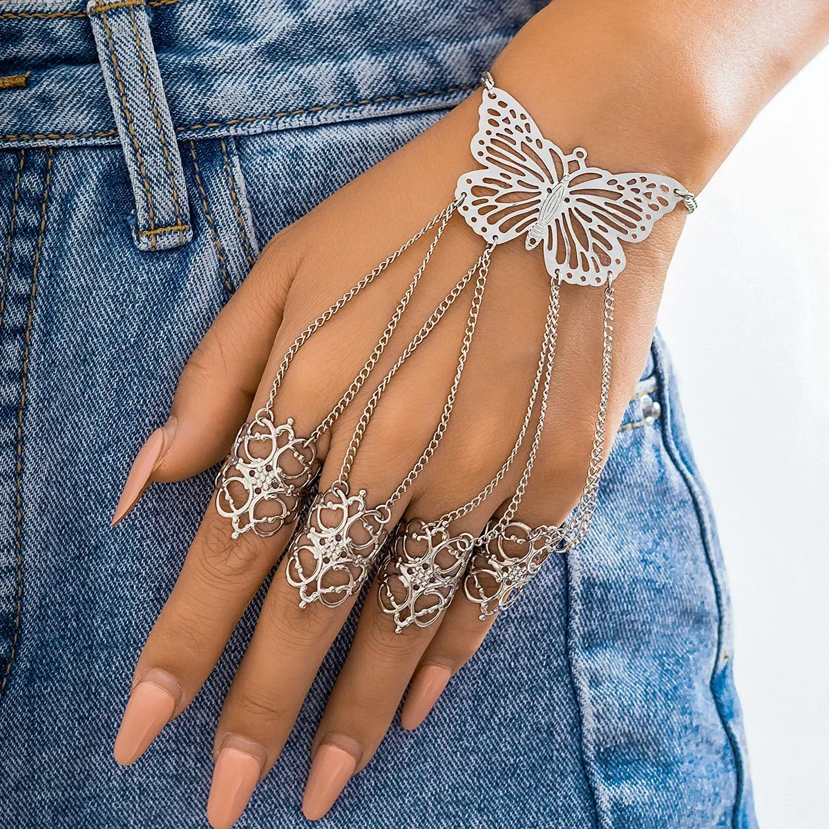 Lacteo-pulsera gótica con anillo de dedo para mujer, cadena trasera con conexión de mano, brazalete con dije de mariposa, joyería Punk, regalo de fiesta