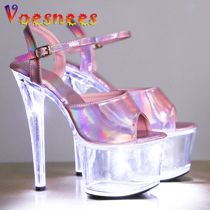 Platform Shoes LED Light Up Glowing Shoes Woman Luminous Clear Sandals Women 17cm High Heels Transparent Stripper Heels Shoes