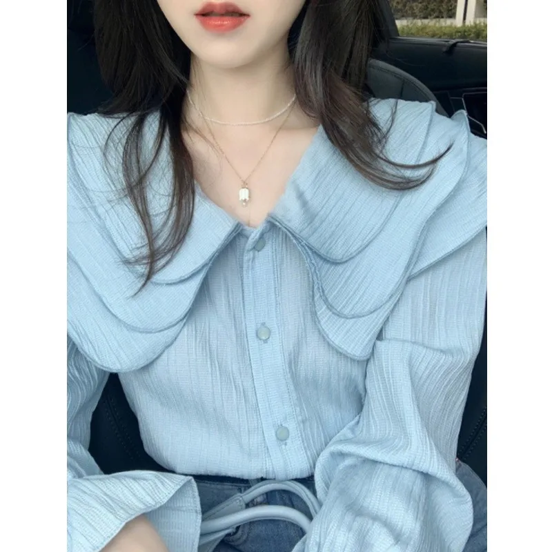 

Ele Design Sensation Small ence Gentle Top Korean Sle Doll Collar irt Fairy Long Sve Pure Color Button Detail