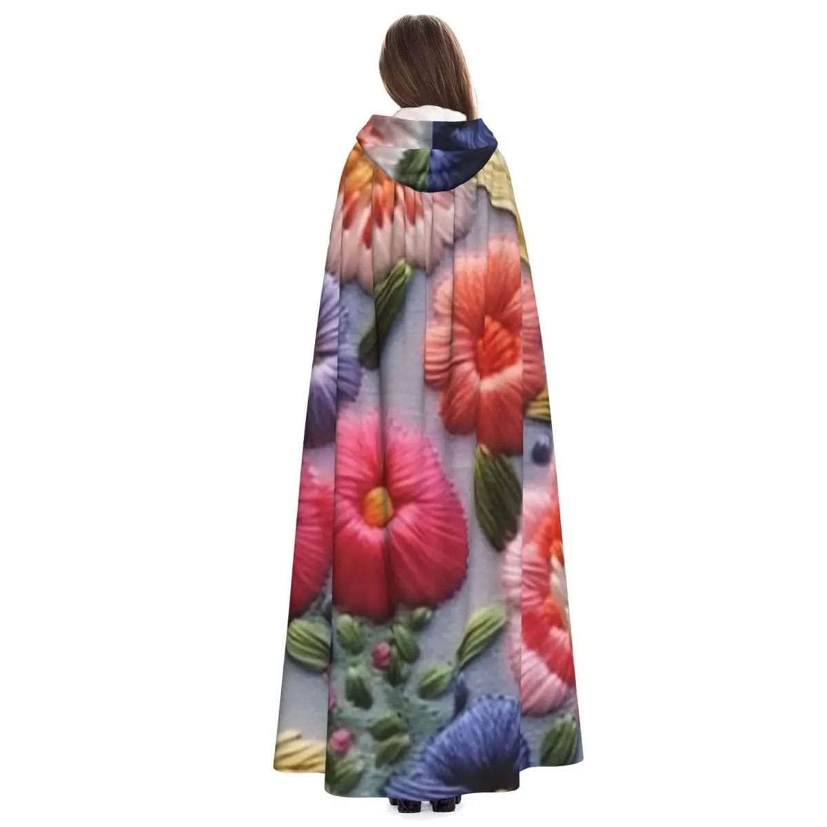 Bordado floral intrincado em tecido leve longo com capuz capa bruxa traje medieval cosplay capa halloweenparty adulto unisex
