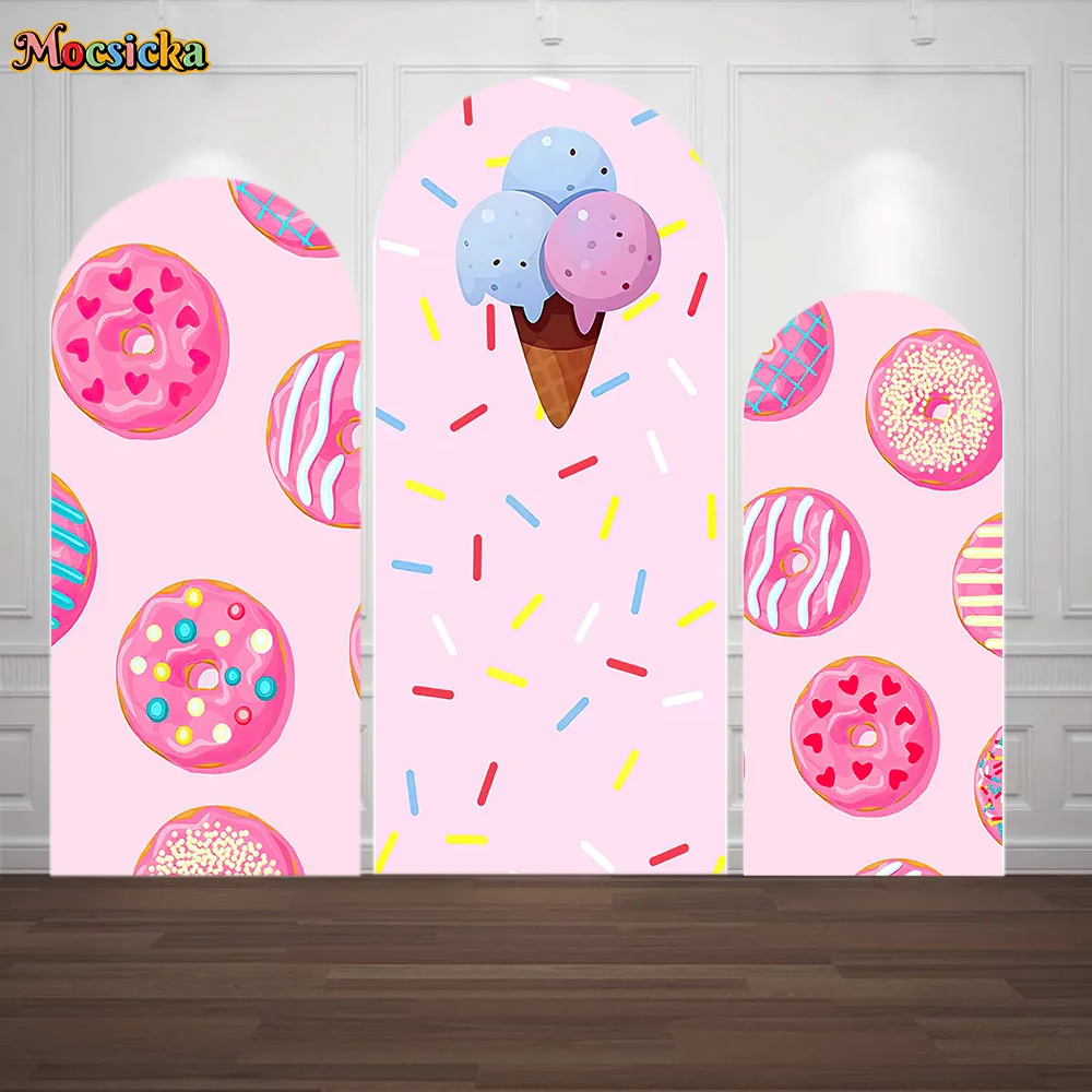 

Sweet Donut Girl 1st Birthday Party Arched Cover Background Photography Props Ice Cream Candy Grain Backdrop Decor Dessert Table