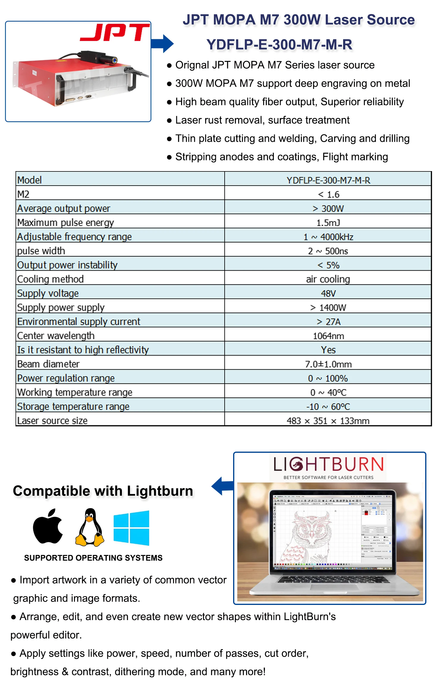 EU/US 300W JPT Mopa Fiber Metal Wood Glass Plastic Laser Marking Machine Air-cooled Deep Relief Laser Engraving Machine 5000mm/s