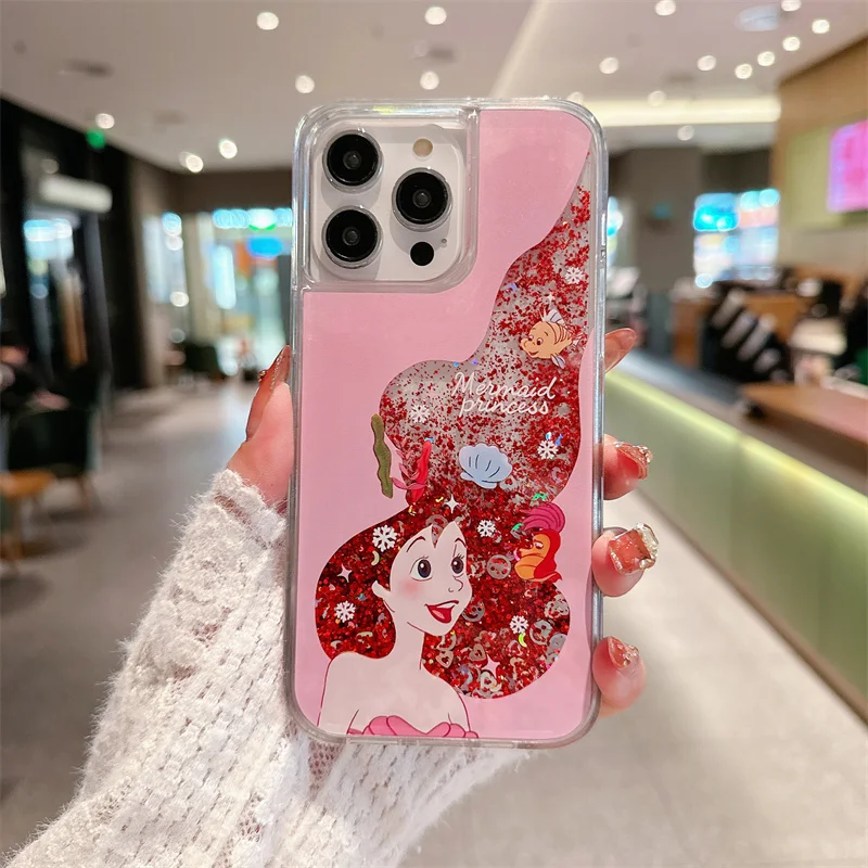 Disney Cute cartoon Mermaid Rapunzel Princess  Liquid Quicksand Bling Glitter Phone Case For iPhone 12 13 14 15 16 Pro Max Cover